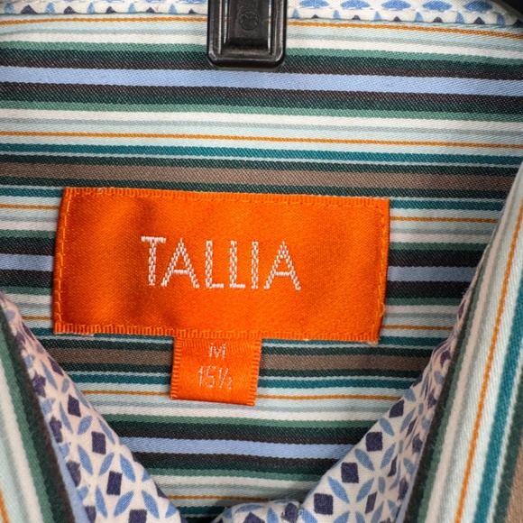 Tallia Mens Green Blue Striped Collard Button Up Dress Up Shirt Medium M 15 1/2 - Picture 4 of 12